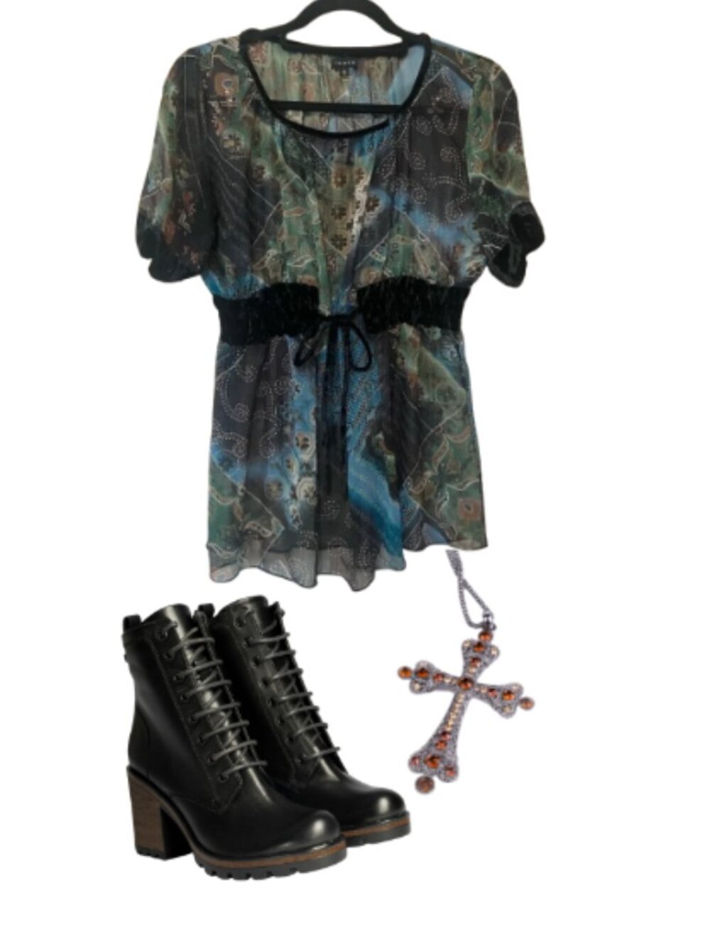 Icons women's M sheer flowy top with velvet waist tie and sleeve details GUC